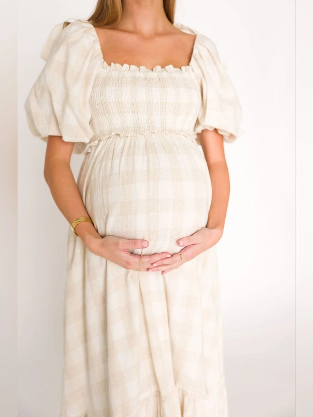 Smocked Square Neck Midi Dress in Beige Plaid - Picture 3 of 4